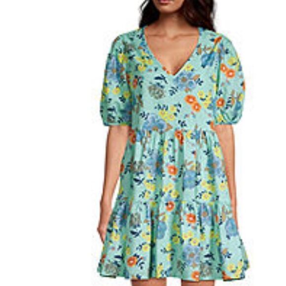 a.n.a Short Sleeve Empire Waist Dress Wildflower Teal M Tall size NWT in pkg - Picture 1 of 5